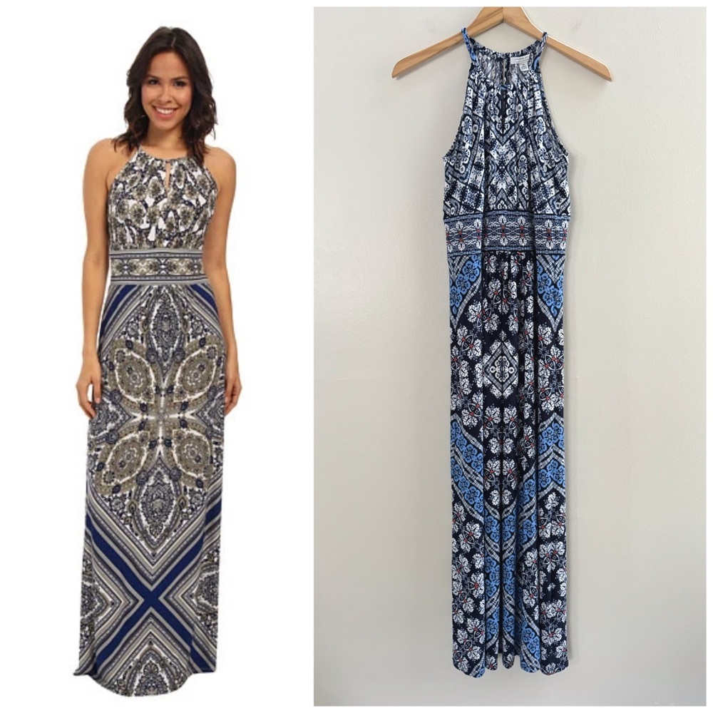 London Style Blue White Sleeveless Grecian Maxi Formal Party Dress